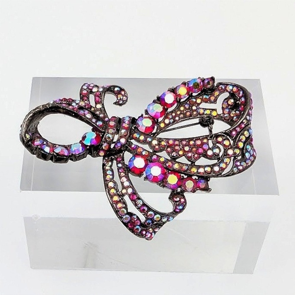 AB Pink Rhinestone Bow Brooch‎ Silver Tone Statement VTG Bold Costume Jewelry